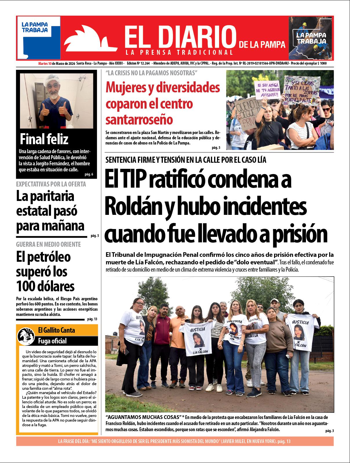 Tapa de El Diario en papel  martes 10 de marzo de 2026